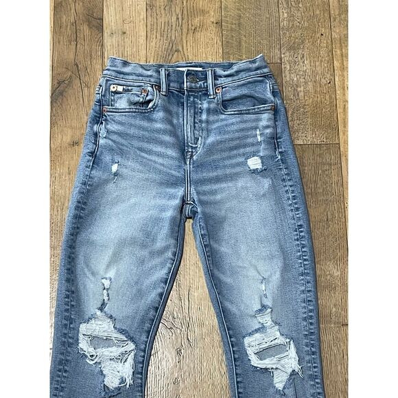 AE77 Mom Jean Distressed High Rise 00 Short Frayed Hem Organic Denim - Picture 3 of 8